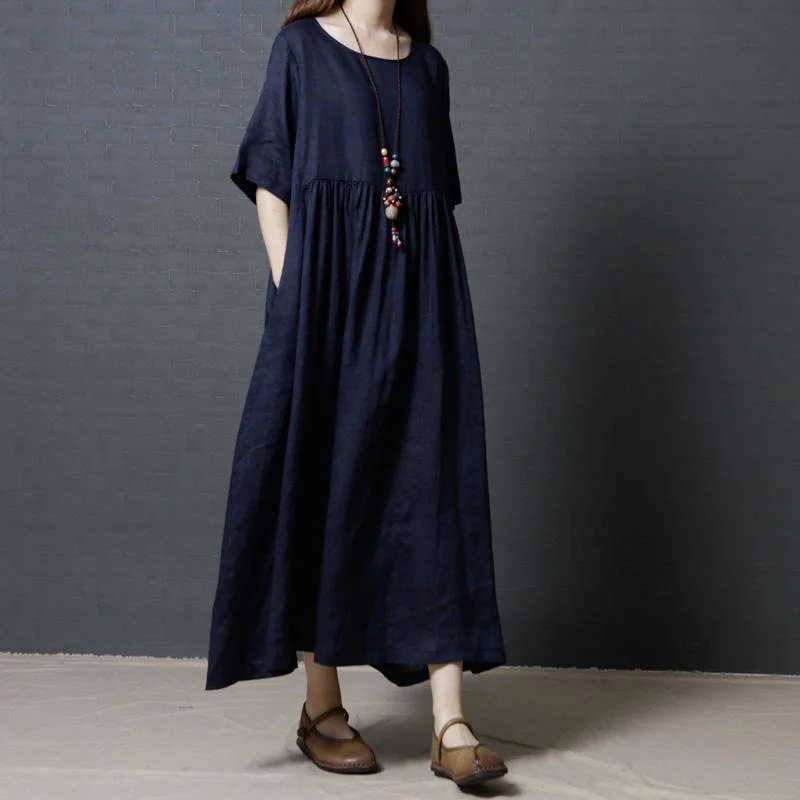 Navy Casual Linen Dresses Plus Size High Waist Sundress Short Sleeve Maxi Dress Comfortable Flowy Maxi Dress Navy Casual Linen Dresses Plus Size High Waist Sundress Short Sleeve Maxi Dress Comfortable Flowy Maxi Dress