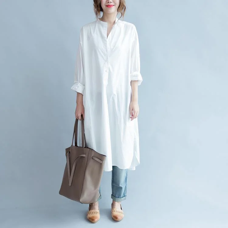 2022 White Cotton Maxi Dress Loose Fitting Stand Collar Cotton Dress Top Quality Side Open Caftans ( Limited Stock) Trendy Off-Shoulder Ruffle Maxi Dress