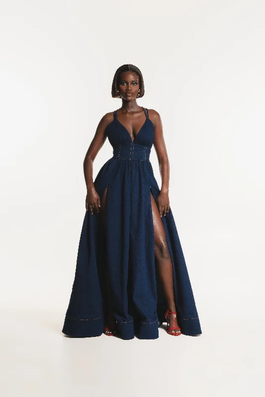ADELE Denim Maxi Dress Classic V-Neck Maxi Dress