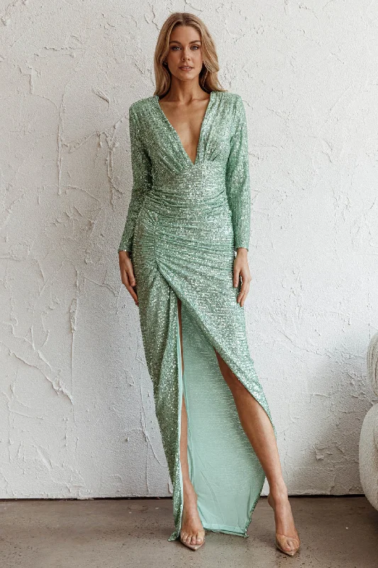 Adele Long Sleeve Sequin Maxi Dress Mint Elegant Lace-Up Maxi Dress
