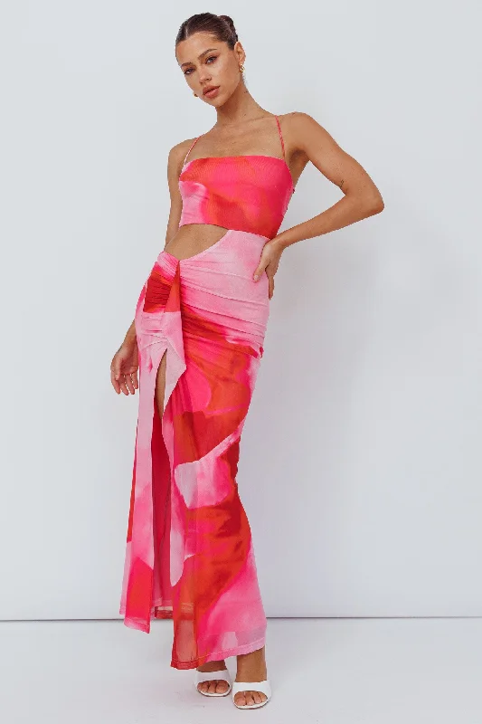 Alejandre Cut-Out Tied Maxi Dress Print Pink Comfortable Bohemian Maxi Dress