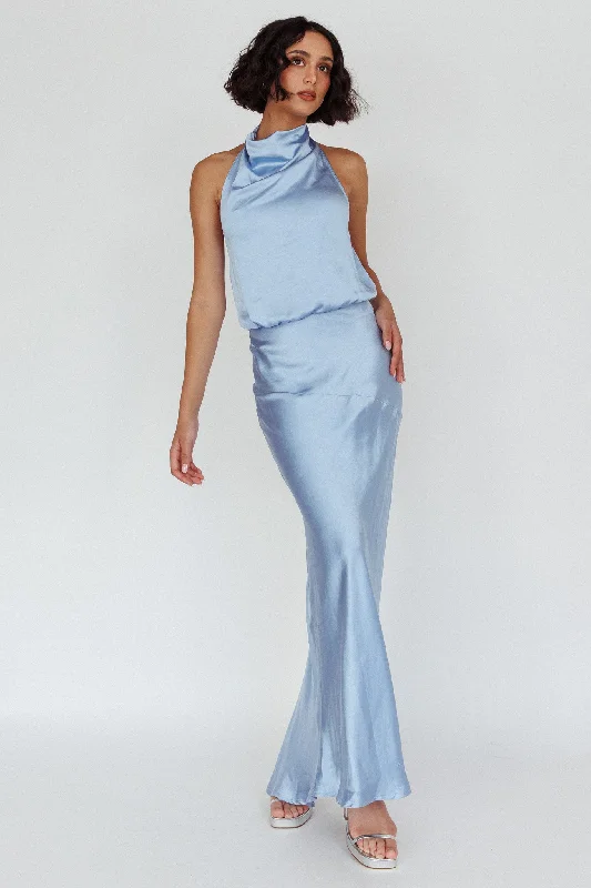 Amalfi Sunset Cowl Halterneck Maxi Dress Sky Fashionable Sleeveless Maxi Dress