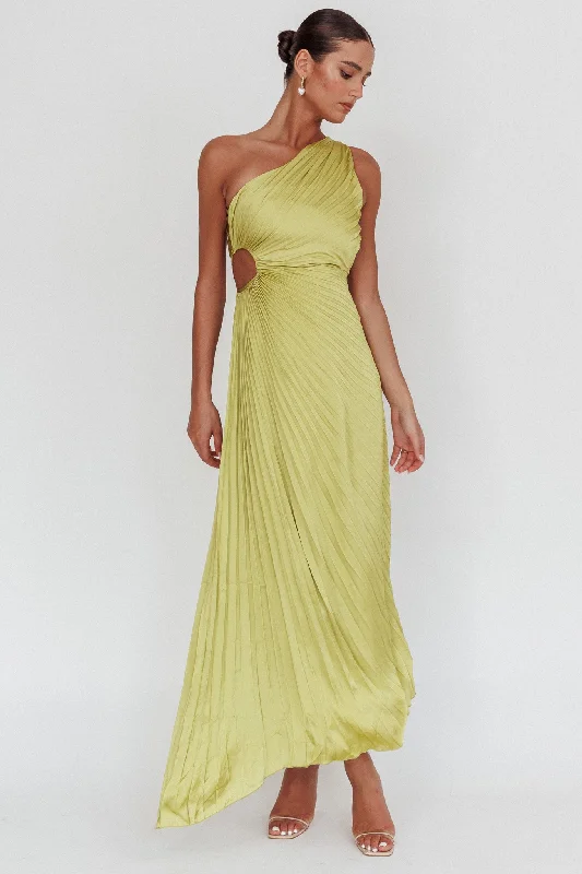 Amelie One-Shoulder Accordion Pleat Maxi Dress Lime Trendy Printed Maxi Dress