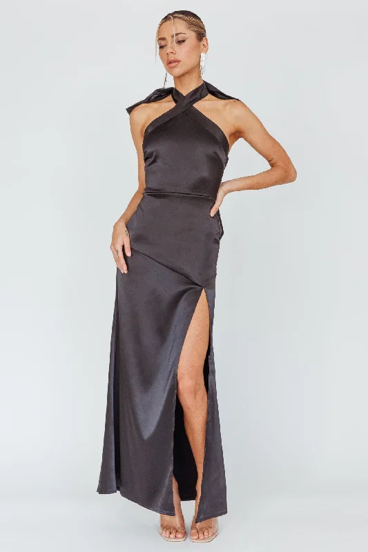 Andria Halterneck Bow Satin Maxi Dress Black Fashionable Layered Maxi Dress