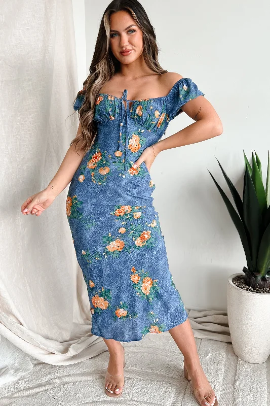 April Showers Floral Maxi Dress (Blue) Trendy Maxi Dress with Lace