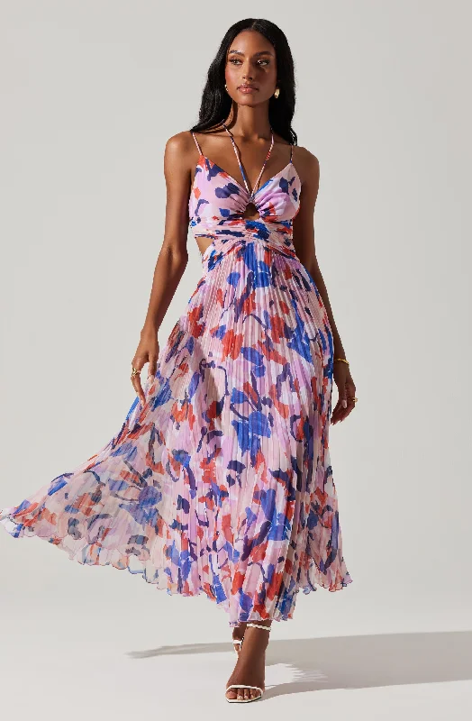 Aquata Floral Pleated Maxi Dress Trendy A-Line Maxi Dress