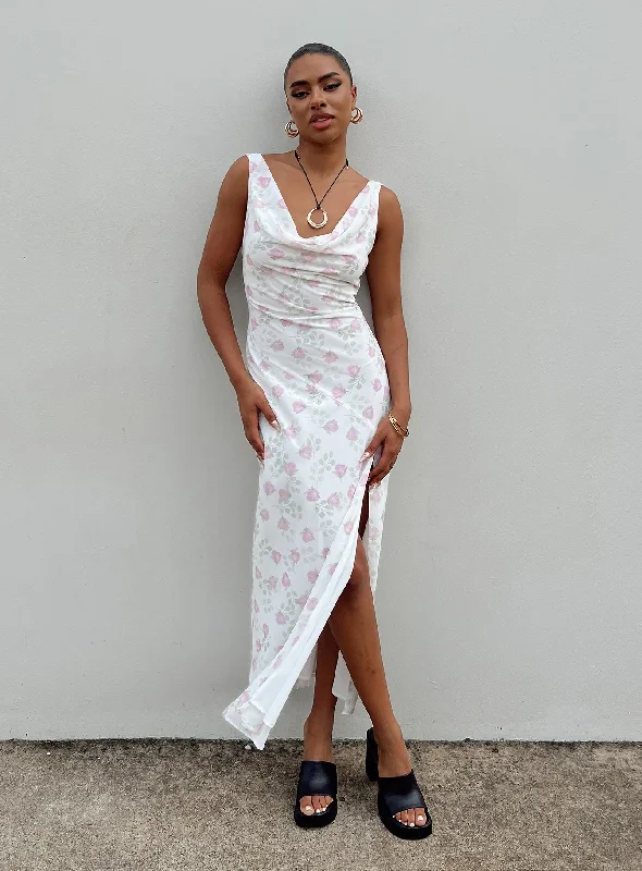 Asbyn Maxi Dress White Floral Cozy Open-Back Maxi Dress