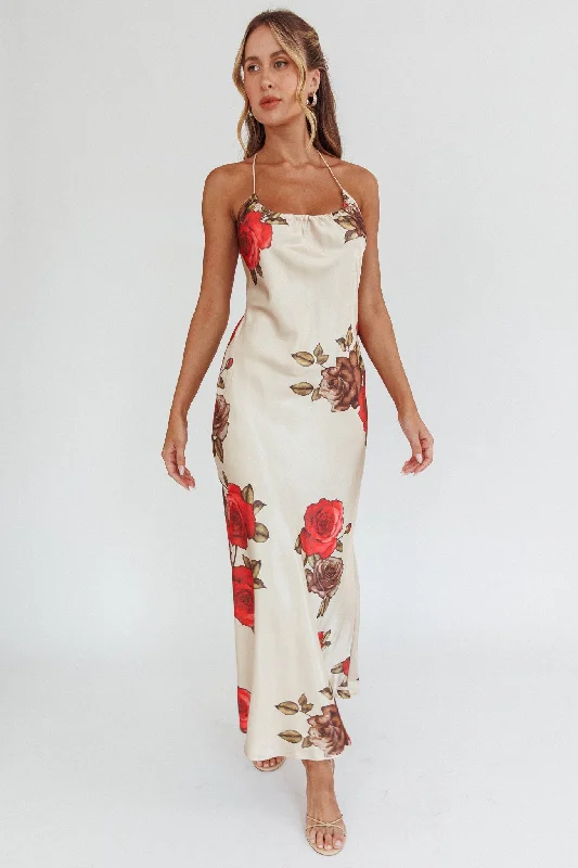 Aspen Spring Lace-Up Back Maxi Dress Floral Beige Chic Summer Maxi Dress