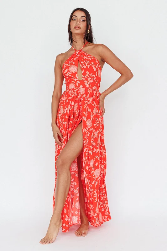Athena High Split Maxi Dress Floral Print Red Chic Boho Print Maxi Dress