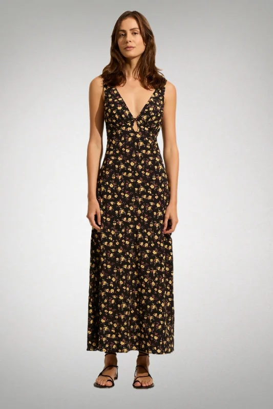 AUGUSTE THE LABEL Womens Iona Midi Dress - Black Eloise Ditsy Floral Comfortable Ruched Midi Dress AUGUSTE THE LABEL Womens Iona Midi Dress - Black Eloise Ditsy Floral Comfortable Ruched Midi Dress