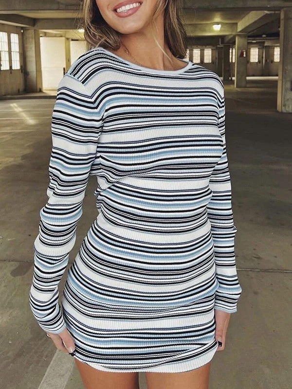 BerryBetty - Backless Long Sleeve Striped Knit Mini Dress Comfortable Linen Mini Dress BerryBetty - Backless Long Sleeve Striped Knit Mini Dress Comfortable Linen Mini Dress