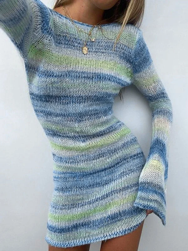 BerryBetty - Backless Long Sleeve Striped Knit Mini Dress Cozy T-Shirt Mini Dress