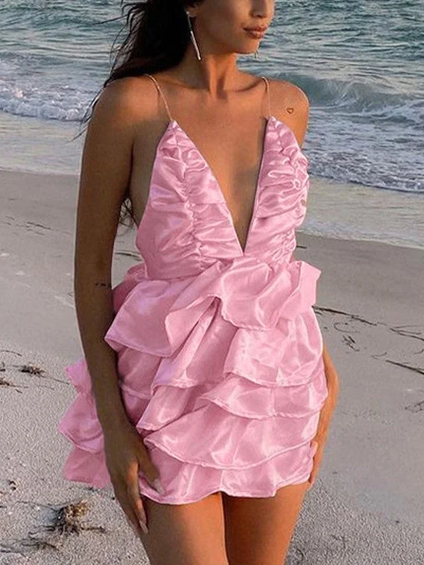 BerryBetty - Backless Ruffle Tiered Slip Mini Dress Elegant Off-Shoulder Dress Mini