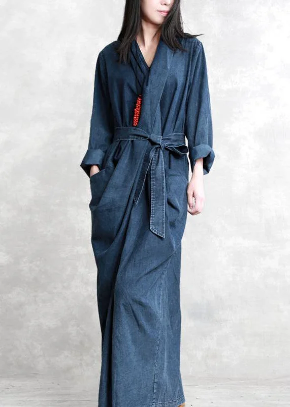 Baggy Denim Blue Long Cotton Dress Casual Side Open Cotton Maxi Dress Fine Tie Waist Caftans Elegant Maxi Dress with Belt Baggy Denim Blue Long Cotton Dress Casual Side Open Cotton Maxi Dress Fine Tie Waist Caftans Elegant Maxi Dress with Belt