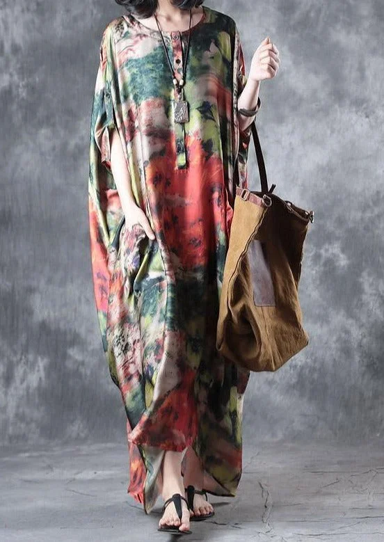 Baggy Summer Multi Vintage Chiffon Dresses Plus Size Casual Sundress Batwing Sleeve Maxi Dress Fashionable Open-Back Maxi Dress