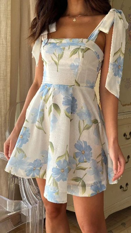 Balta Mini Dress - Blue Floral Comfortable Polka Dot Mini Dress