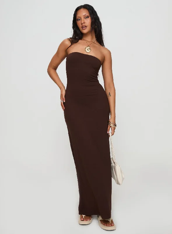 Bellaire Strapless Maxi Dress Brown Elegant Maxi Dress with Drapes