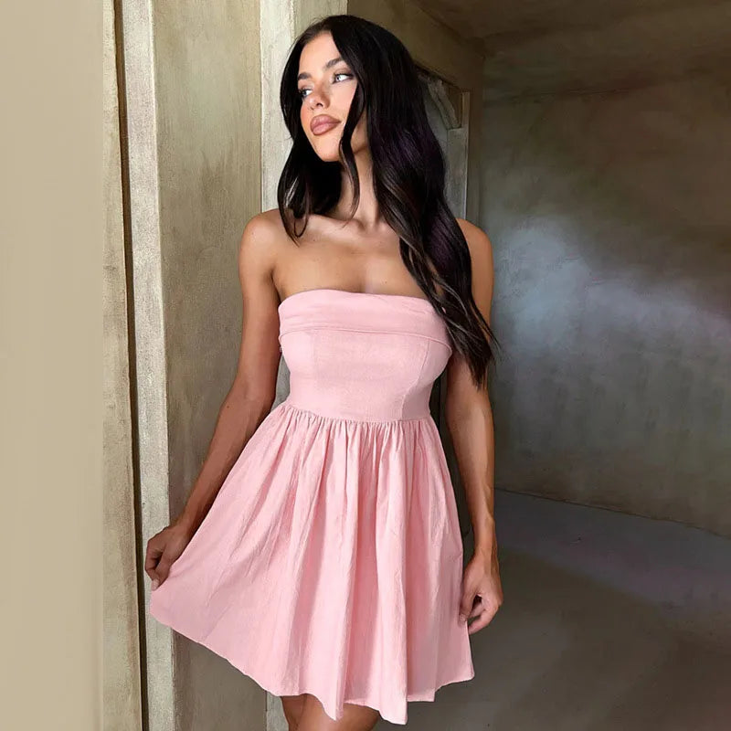 Big Hem Strapless Sleeveless Slash Neck Solid A-line Hot Girl Sexy Birthday Party Mini Dress Stylish Short-Sleeve Mini Dress Big Hem Strapless Sleeveless Slash Neck Solid A-line Hot Girl Sexy Birthday Party Mini Dress Stylish Short-Sleeve Mini Dress
