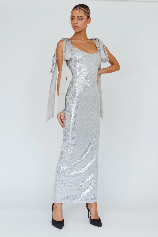 Birthday Wish Tied Shoulder Sequin Maxi Dress Silver Elegant Pleated Maxi Dress