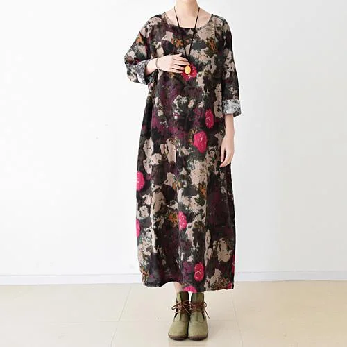 Black floral cotton maxi dress oversized caftans Elegant Maxi Dress with Slit