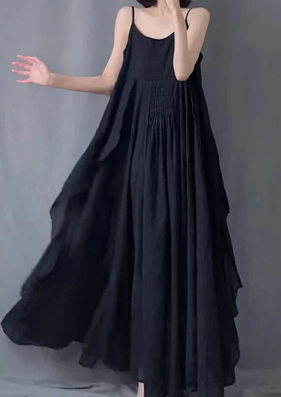 Black Pleated Irregular Suspender Maxi Dress Sleeveless Chic Boho Print Maxi Dress