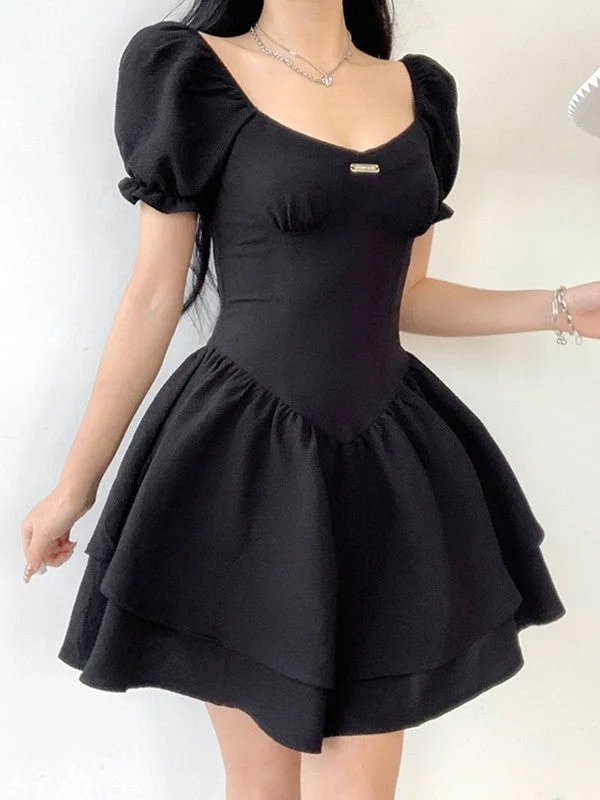 BerryBetty - Black Puff Sleeve Corset Mini Dress Fashionable Mini Dress with Slits