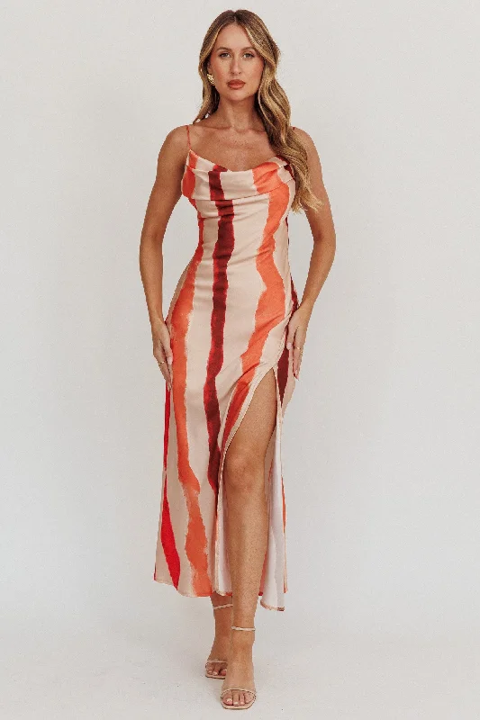Blondine Cowl Bust Split Maxi Dress Peach Comfortable Fitted Maxi Dress