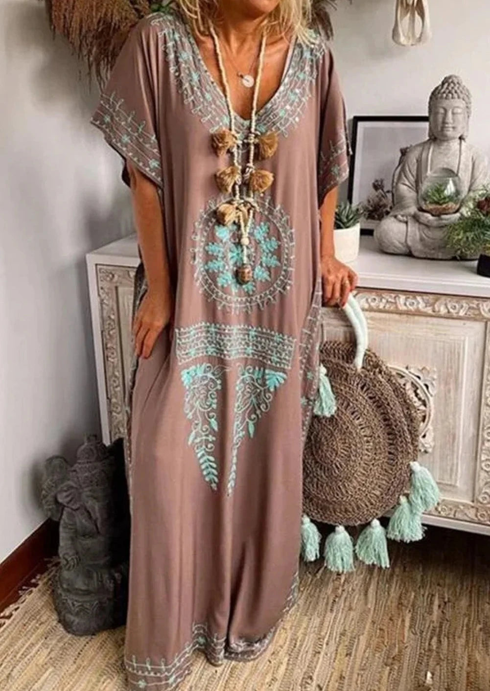 Bohemian V Neck Maxi Dress Short Sleeve Classic Solid Maxi Dress