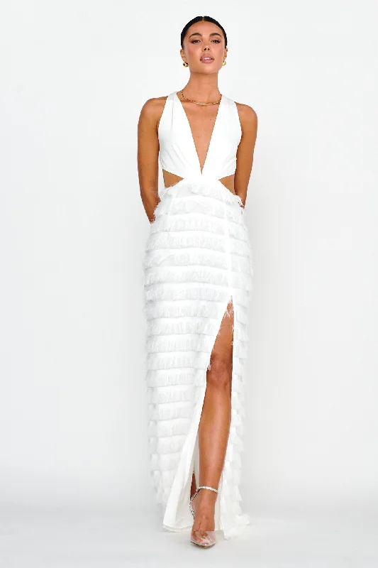 Bold Move Fringe Trim Maxi Dress Ivory Cozy Ruffle Sleeve Maxi Dress