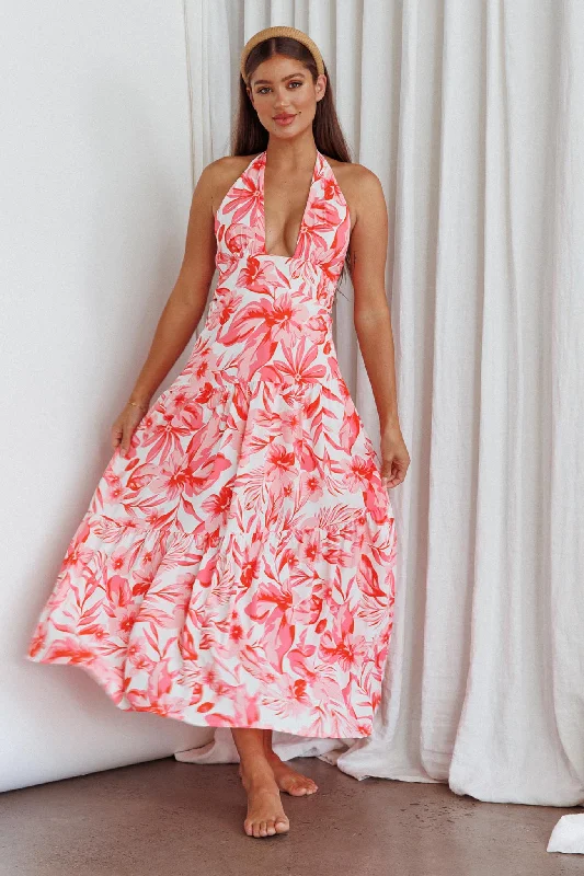 Bondi Keyhole Bust Maxi Dress Floral Pink Cozy Ruffle Sleeve Maxi Dress