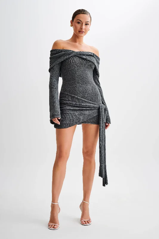 Camryn Off Shoulder Tie Knit Mini Dress - Charcoal Stylish Spaghetti Strap Mini Dress Camryn Off Shoulder Tie Knit Mini Dress - Charcoal Stylish Spaghetti Strap Mini Dress