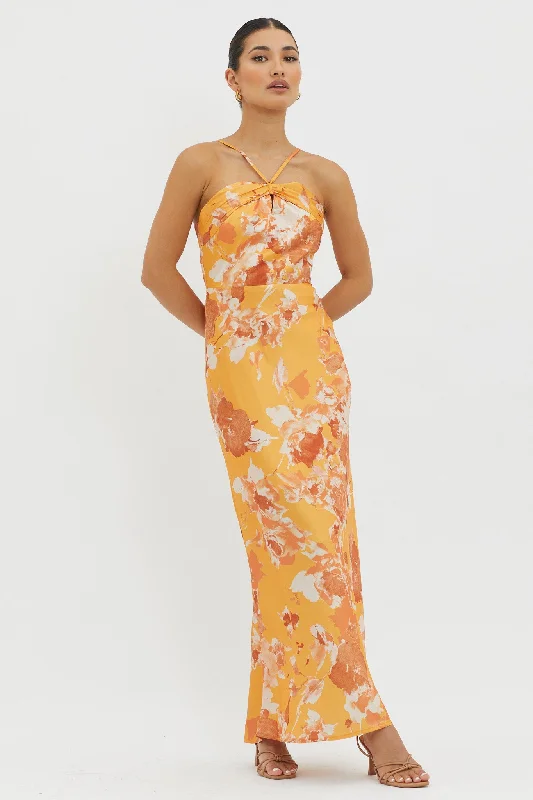Carter Foldover Neckline Maxi Dress Orange Yellow Comfortable Ruffle Hem Maxi Dress