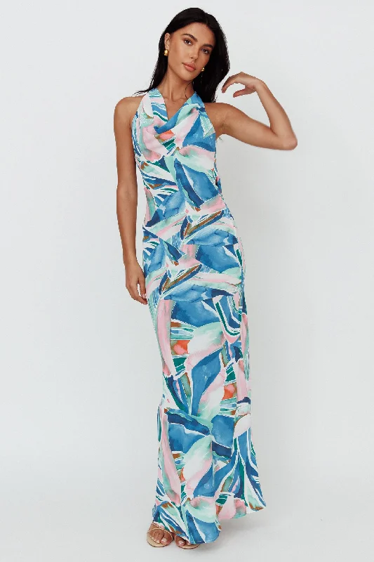 Cassiopeia Open Back Maxi Dress Abstract Blue Elegant Tiered Maxi Dress