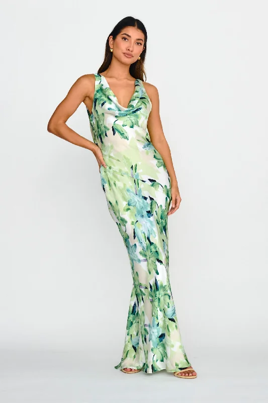 Cassiopeia Open Back Maxi Dress Lily Print Blue Cozy Maxi Dress with Slit