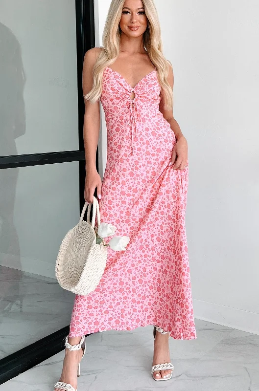 Charismatic Appeal Tie-Front Floral Maxi Dress (Pink Multi) Comfortable Maxi Dress with Belt