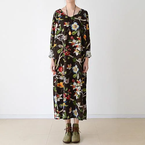 chocolate prints linen dresses casual plus size sundress vintage long sleeve maxi dress Stylish V-Neck Maxi Dress