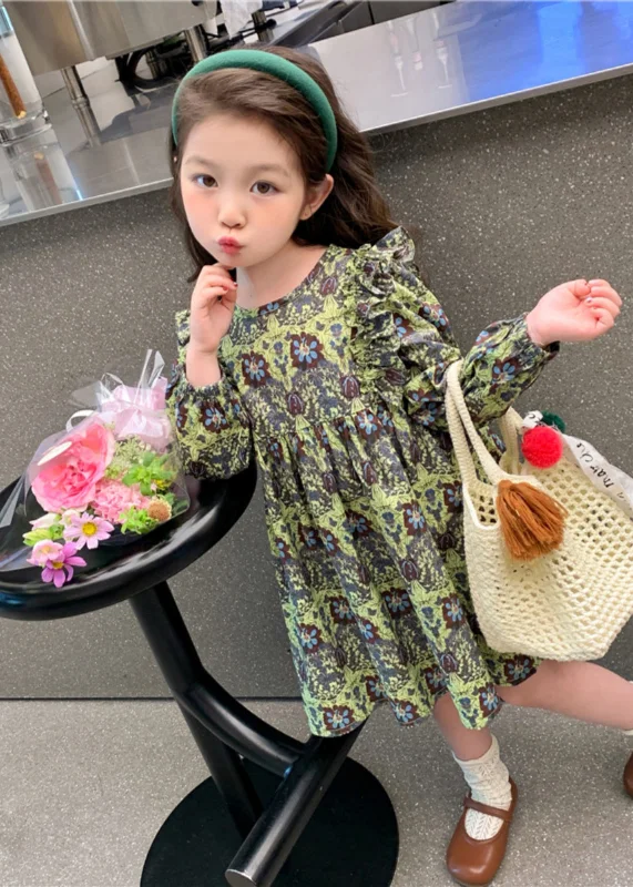 Classy Green Ruffled Patchwork Girls Maxi Dress Long Sleeve SS1054 Fashionable Button-Down Maxi Dress