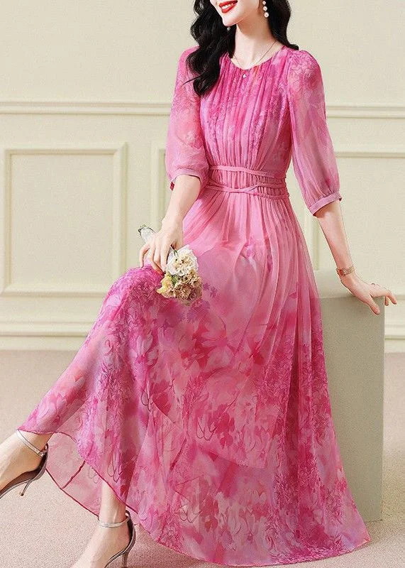 Classy Pink Print Wrinkled Tie Waist Chiffon Maxi Dresses Half Sleeve Fashionable Chiffon Maxi Dress
