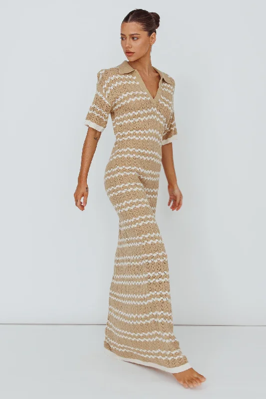 Clearwater Crochet Short Sleeve Maxi Dress Beige/White Elegant Maxi Dress with Lace