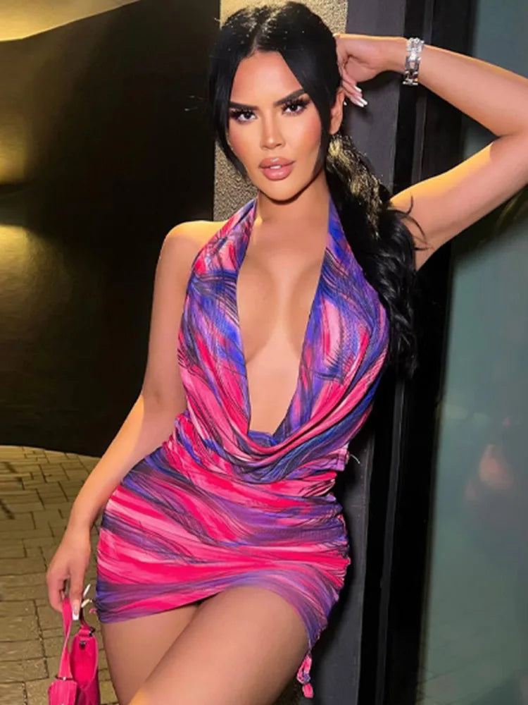 FashionSierra - Halter Deep V Neck Printed Mini Dress Backless Floral Dress Fashionable Mini Dress with Frills FashionSierra - Halter Deep V Neck Printed Mini Dress Backless Floral Dress Fashionable Mini Dress with Frills
