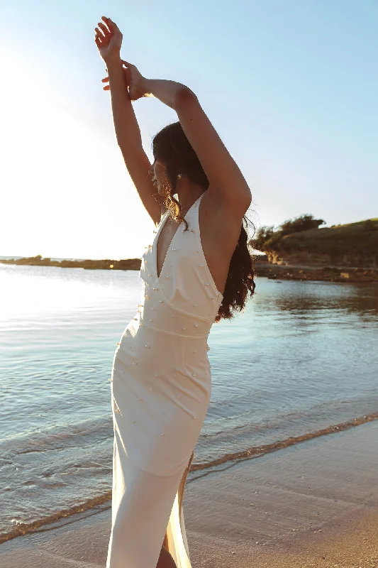 Crystal Lake Halter Neck Pearl Maxi Dress White Trendy V-Neck Maxi Dress