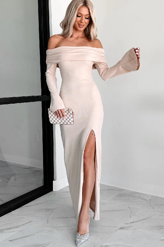Cue The Drama Off The Shoulder Maxi Dress (Beige) Stylish Longline Maxi Dress