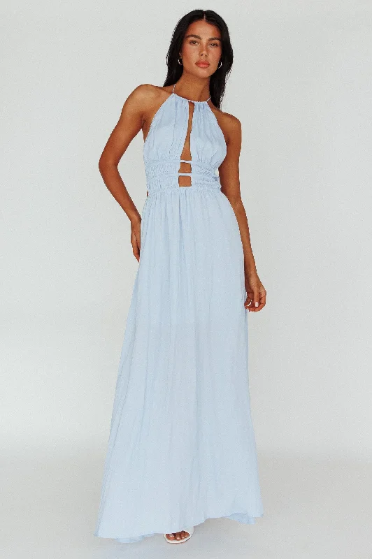 Cyndi Open Back Halterneck Maxi Dress Blue Trendy Button Front Maxi Dress