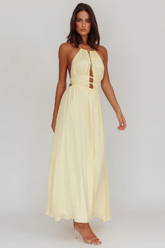 Cyndi Open Back Halterneck Maxi Dress Light Yellow Fashionable Layered Maxi Dress