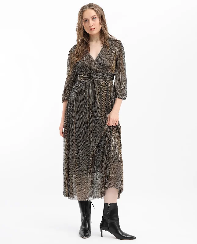 Rareism Women Daso Metallic Gold V Overlap Neck 3/4 Sleeves Shimmer Party Maxi Dress Fashionable Sleeveless Maxi Dress Rareism Women Daso Metallic Gold V Overlap Neck 3/4 Sleeves Shimmer Party Maxi Dress Fashionable Sleeveless Maxi Dress