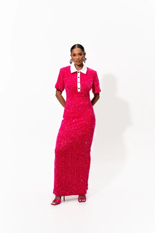 DAYA Sequin Maxi Dress in FUCHSIA Trendy Ruffled Maxi Dress