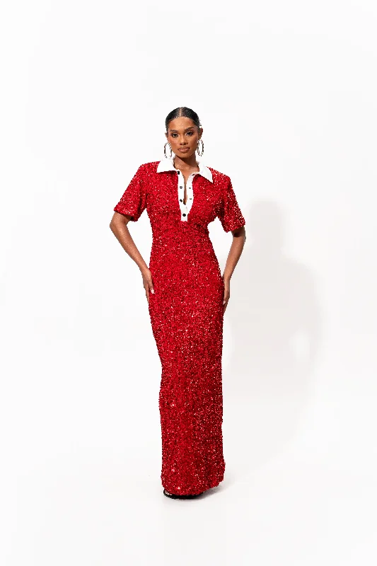 DAYA Sequin Maxi Dress in RUBY Comfortable Fitted Maxi Dress