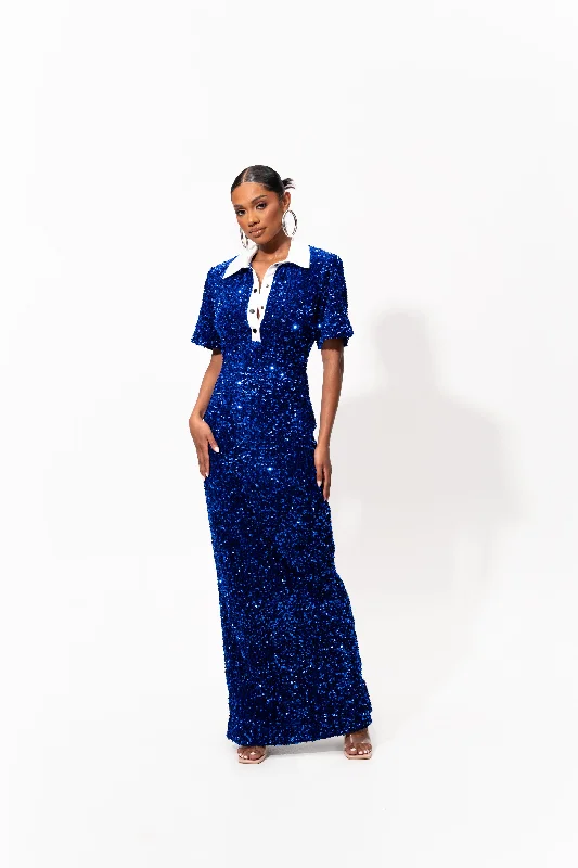 DAYA Sequin Maxi Dress in SAPPHIRE Cozy Maxi Dress with Slit