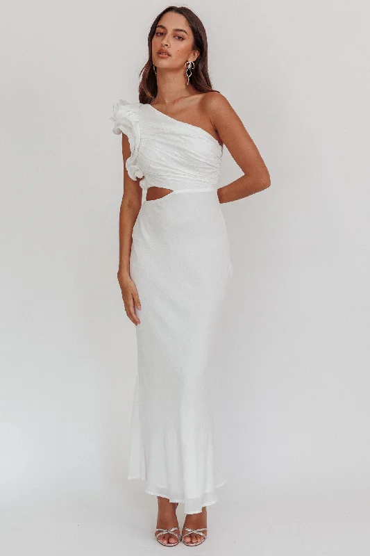 Deanna One-Shoulder Ruffle Maxi Dress White Fashionable Chiffon Tiered Maxi Dress