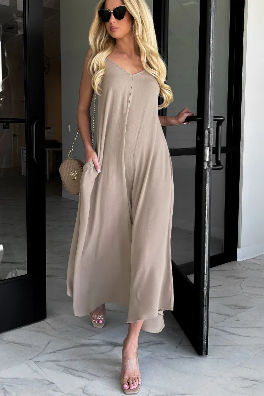 Desert Skies Crinkle Woven Cami Maxi Dress (Ash Mocha) Trendy Maxi Dress with Bow